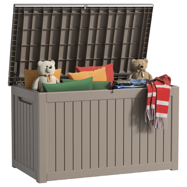 EasyUp 230 Gallon Resin Deck Box in grey, featuring a wood grain pattern and lockable lid, shown with its lid open to display colorful cushions, folded clothes, and decorative items inside. This waterproof, UV-resistant outdoor storage box includes built-in side handles for easy mobility and is ideal for storing garden tools, patio furniture, and pool accessories.