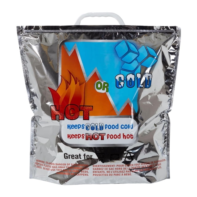 Reusable Grocery Bag insulated with handles, large foil-insulated food transport bag in reflective silver with a white handle, featuring hot and cold icons to indicate thermal insulation for keeping food hot or cold, ideal for groceries and meal transport.