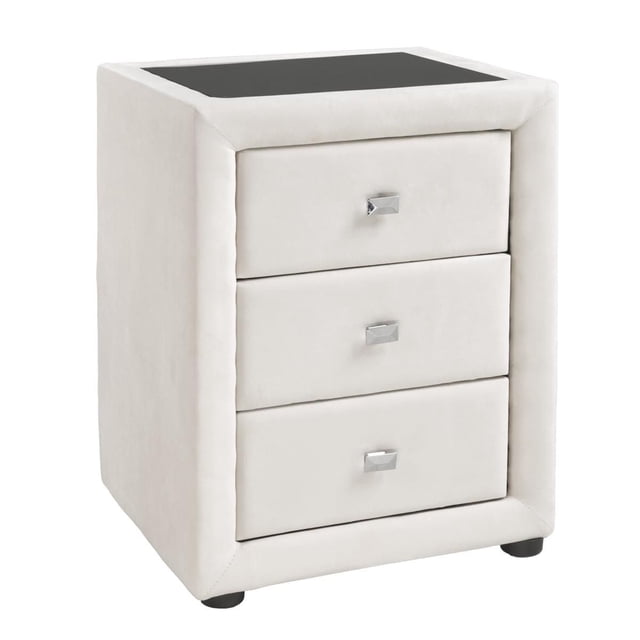 Adam Table de Nuit à 3 Tiroirs en Crème avec Cadre Recouvert de Tissu en Velours, Dessus en Verre Fumé et Trois Tiroirs de Rangement avec Quincaillerie Argentée, Convient pour Organiser les Essentiels de Chevet dans une Chambre Contemporaine.