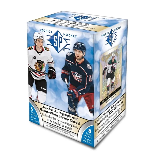 2023-24 Upper Deck SP Hockey Cards Blaster Box featuring blue and white packaging with images of hockey players in Chicago Blackhawks and Columbus Blue Jackets uniforms. Includes 8 packs per box, 5 cards per pack, autograph and game-worn jersey cards, and SP Rookie Authentics cards of top 2023-24 rookies.