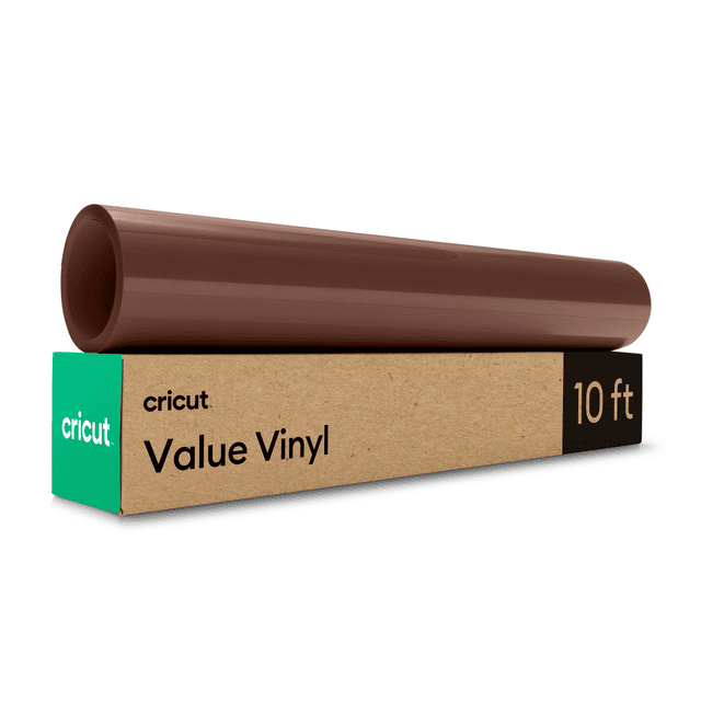 Cricut® Value Vinyl 12 in x 10 ft brown roll with matte finish on cardboard packaging featuring Cricut logo, designed for craft vinyl and die cutting projects, also suitable for making personalized decals and labels.