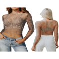 thumbnail image 4 of Women‘s Summer Sheer Mesh Tops Long Sleeve  Neck Rhinestone Slim Fit Crop Tops, 4 of 5
