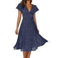 thumbnail image 1 of B91xZ Robes pour Femmes 2024 Élégantes Col en V Taille Empire Robe Manches Courtes Été Décontractée à Volants Midi, Marine m, 1 of 5