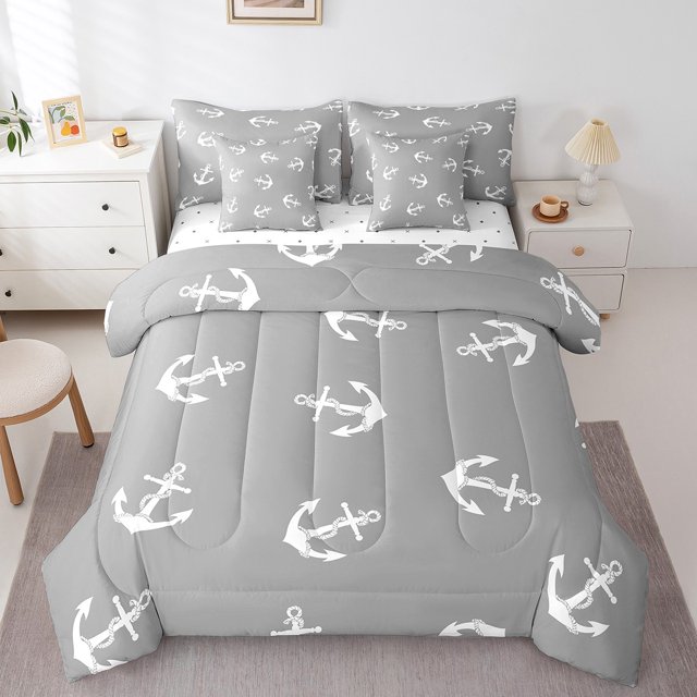 Erosebridal Ensembles de Literie Rétro à Ancre Format Double, Ensembles de Douillette à Thème Nautique avec Draps, Décor de Chambre Blanc Gris, Réversible 7 Pcs