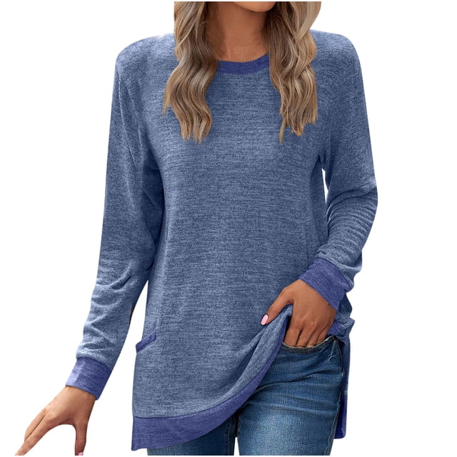 Pisexur Chandails en Molleton à Manches Longues pour Femmes Col Rond Décontracté T-Shirts Blouses Chandails en Molleton Tuniques avec Poche