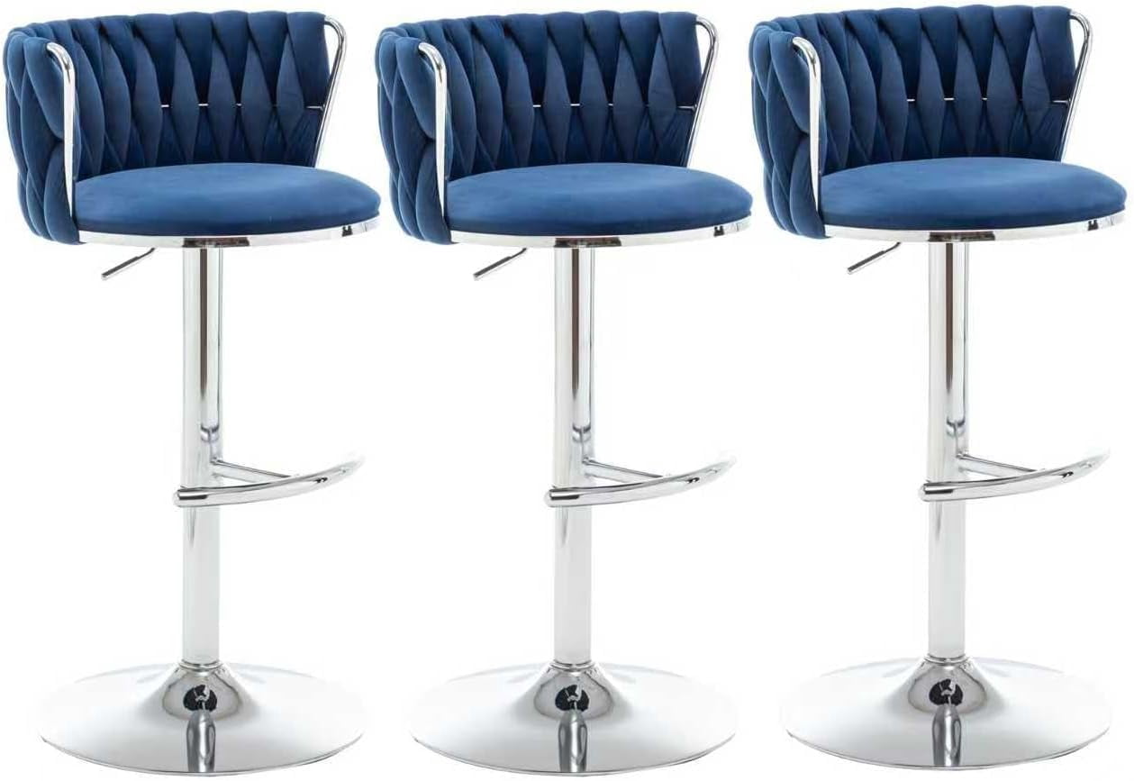 Velvet Bar Stools Set of 3, Counter Height Bar Chairs with Low Back, Swivel Barstools for Kitchen Island, Bar Pub (Blue)
