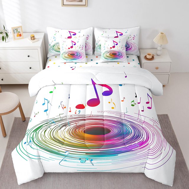 3D Musical Notes Comforter Set 7 Piece Bed in a Bag Twin,Colorful Spiral Swirl Circle Bedding Sets Modern Rock Sheet Set with Comforter,Fashion Hip Hop Bed Set
