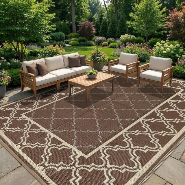 Waterproof Outdoor Rug 9x12 ft Reversible Plastic Straw Mat with Stakes & Carry Bag, Portable UV-Resistant Hose-Cleanable Camping Rug for Balcony Large Deck Backyard Brown