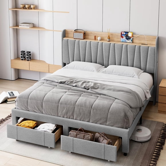 EastVita Queen Size Upholstered Platform Bed Frame with Storage Headboard and Charging Station, Drawer Solid Wooden Slats Mattress Foundation No Box Spring Needed