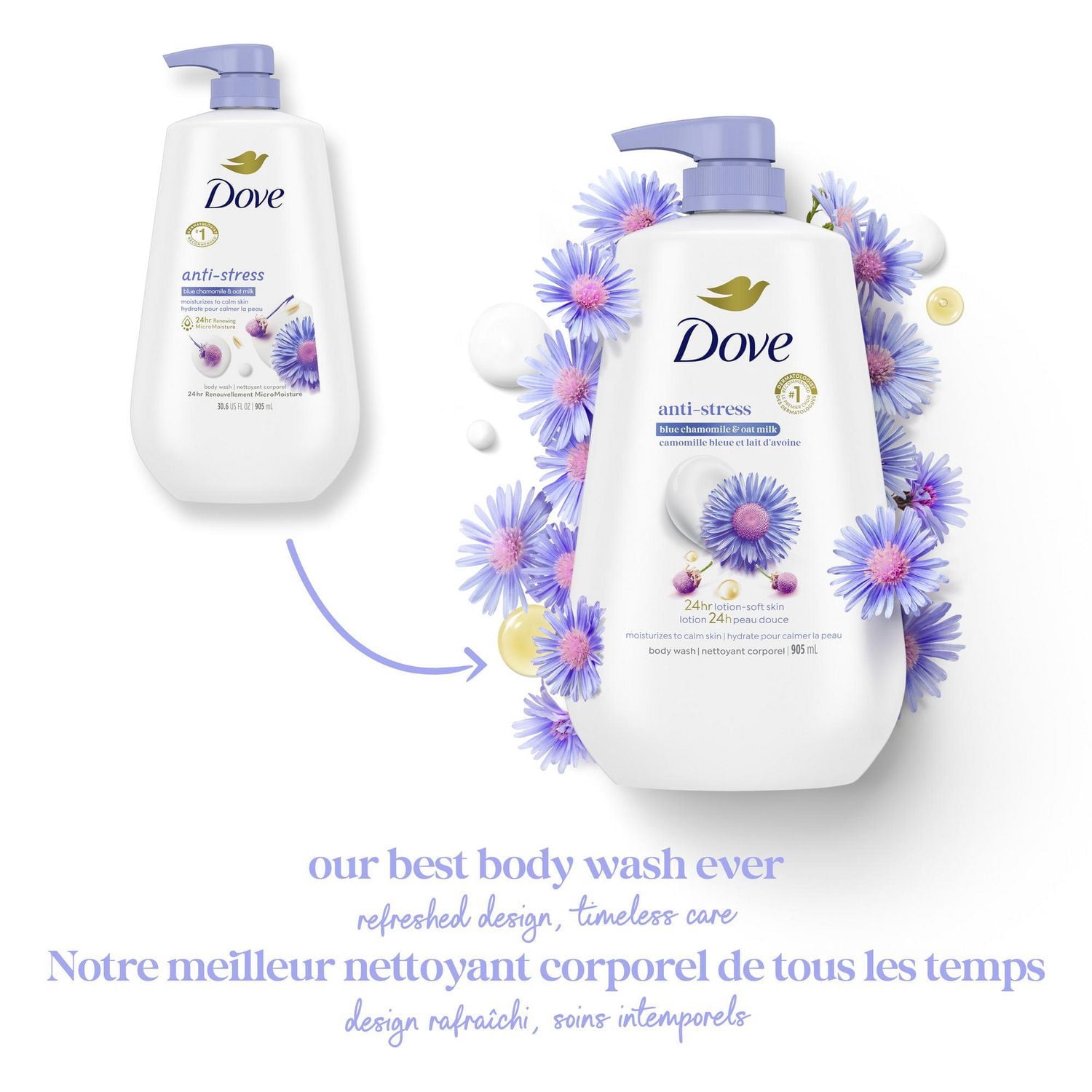 Dove Nettoyant Corporel pour 24 H de Peau Douce Camomille Bleue et Lait d'Avoine Anti-Stress, 905 ml