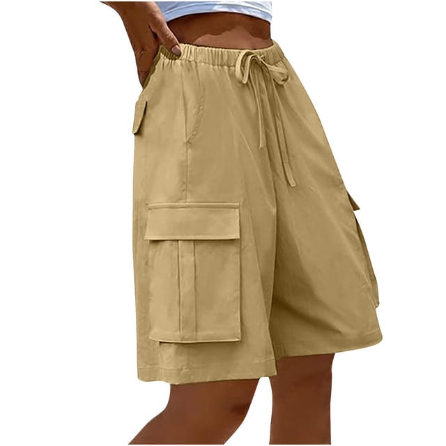 Timegard Cargo Shorts for Women Elastic High Waisted Drawstring Athletic Walking Shorts with Multi-pockets