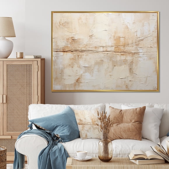 Designart Abstract framed wall art, Timeless Minimalism In Beige And White , Abstract Painting Large framed wall art decor, blue Gold framed wall art, 44x34 inches Gold Frame