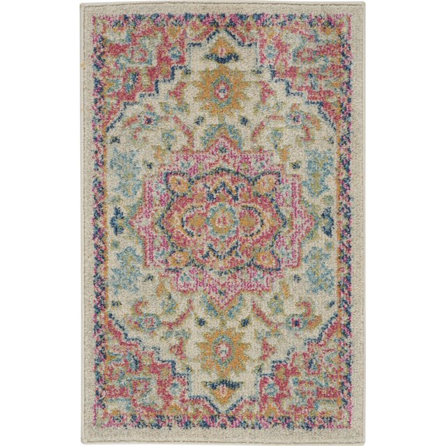 homeroots home decor 385586 2’ x 3’ Ivory and Pink Medallion Scatter Rug