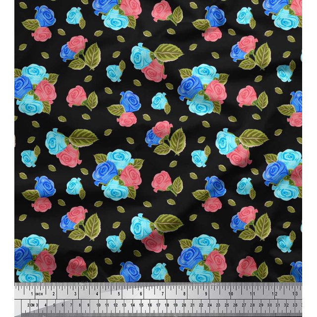 Soimoi polyester Crepe Fabric Leaves & Rose Floral Printed Fabric 1 Yard 52 Inch Wide