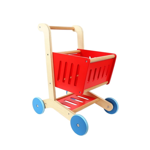 Tooky Toy Panier d'Achats en Bois Amusant et Éducatif avec Cadre en Bois Naturel, Panier Rouge avec Découpes Verticales et Roues Bleues, Mesurant 16 par 12 par 20 Pouces, Convient pour le Jeu d'Épicerie de Rôle et le Développement de la Motricité fine chez les Enfants de 3 Ans et Plus.