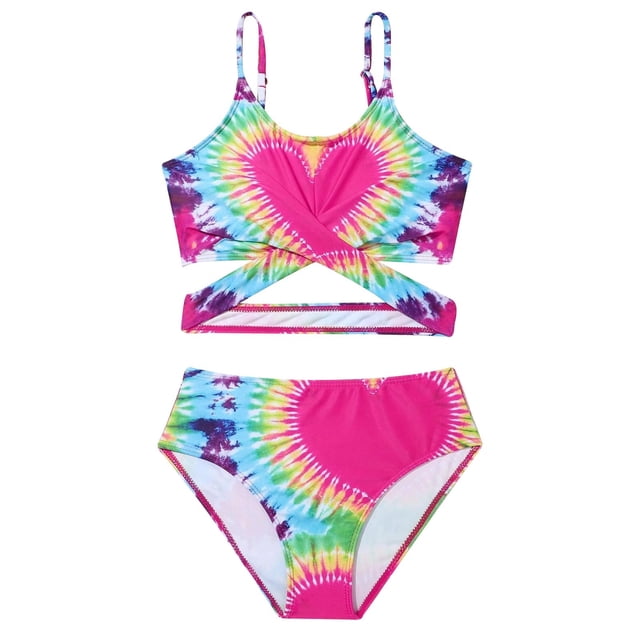 Girls Swimsuits 2 Piece Summer Tankini Swimsuits Cartoon Girls Bathing Suits 8-9 Years. This two-piece swimsuit features a vibrant tie-dye design with a heart pattern in pink, yellow, green, and blue. The tankini top has adjustable spaghetti straps and a crisscross detail at the front, paired with high-waisted bikini bottoms for full coverage. Made from quick-drying, lightweight polyester, it is ideal for swimming, beach outings, and water activities. Suitable for girls aged 8-9 years.