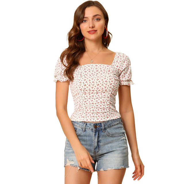 INSPIRE CHIC Haut Court à Fleurs à Manches Courtes Froncé à l'Avant pour Femme G Blanc