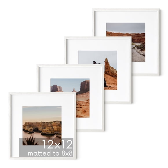 HAUS AND HUES Solid Oak Wood 12 x12 Picture Frames Matted to 8 x8 Set of 4-12x12 White Square Frames, White Wood Picture Frames, White Picture Frames for Wall, 12 x 12 Frames, Square Picture