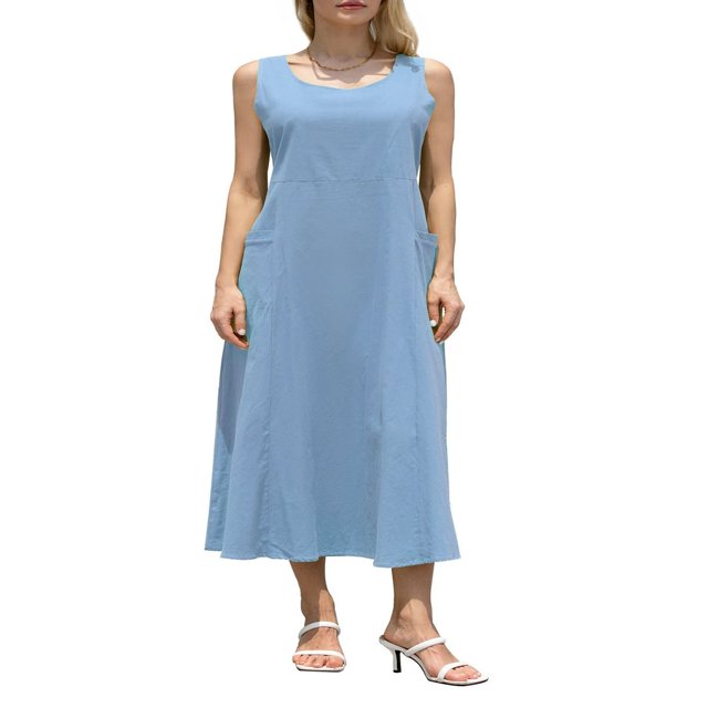 Tenue de Plage pour Femmes Robe Débardeur en Coton et Lin avec Poches Maxi Couleur Unie Bohemia Robe d'Été