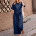 thumbnail image 1 of Tenues d'Été en Coton et Lin 2 Pcs pour Femmes, Ensembles 2 Pcs en Coton et Lin pour Femmes avec Hauts Courts à Bretelles et Pantalons à Jambes Larges, Tenues Décontractées Amples Unies à Col Rond et Manches Courtes, 1 of 6