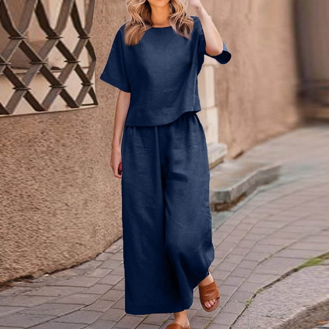 Tenues d'Été en Coton et Lin 2 Pcs pour Femmes, Ensembles 2 Pcs en Coton et Lin pour Femmes avec Hauts Courts à Bretelles et Pantalons à Jambes Larges, Tenues Décontractées Amples Unies à Col Rond et Manches Courtes