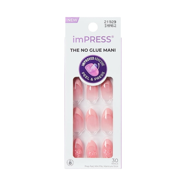 KISS imPRESS Nails - Glow Muse, Pink, Coffin, Medium, 30 Ct featuring medium pink coffin-shaped press-on nails with a glossy finish and subtle butterfly designs on some tips, in a white box with peel and press no-glue adhesive for easy, damage-free application and up to 10 days wear, also suitable for quick manicures or nail art practice.