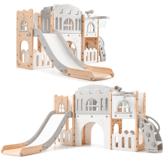 GloryStar 8-in-1 Toddler Climbing Frame and Slide, Kids Play Structure for Ages 1-3, Indoor Slide, Tunnel, and Basketball Hoop, Great for Indoor or Outdoor Garden Use