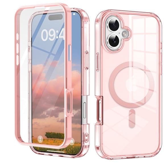for iPhone 16 Plus Case Magnetic, [Compatible with Magsafe] Built-in Screen Protector Shockproof Dustproof Crystal Clear Anti-Scratch Folio Flip Phone Case for iPhone 16 Plus, Pink