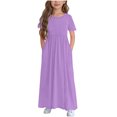 thumbnail image 1 of Bwiyojiz Tailles Mode 120-170 Robe Imprimée pour Enfants à Couleur Unie à Manches Courtes avec Volants et Poches, Col Rond, Violet, 1 of 5