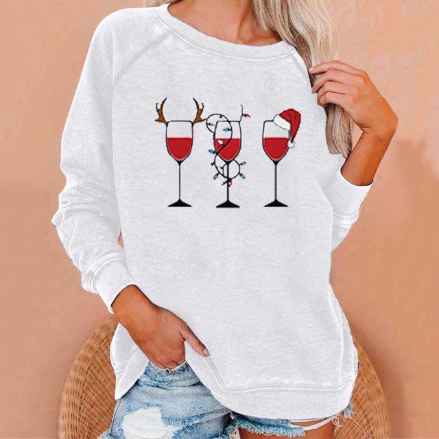 Nouveaux Hauts pour Femmes 2023 Manches Longues Col Rond Hauts Chemises Amples Imprimé de Noël Blouse Graphique Coupe Décontractée Chandail en Molleton Oversize pour Femmes