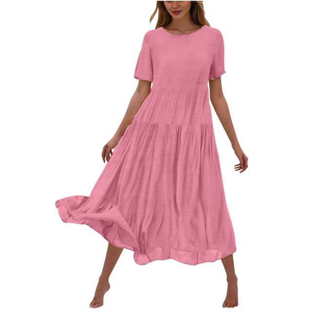 AherBiu Robes Fluides pour Femmes 2024 Été Robe Maxi à Col Rond Ample à Étages à Manches Courtes Longue Robe