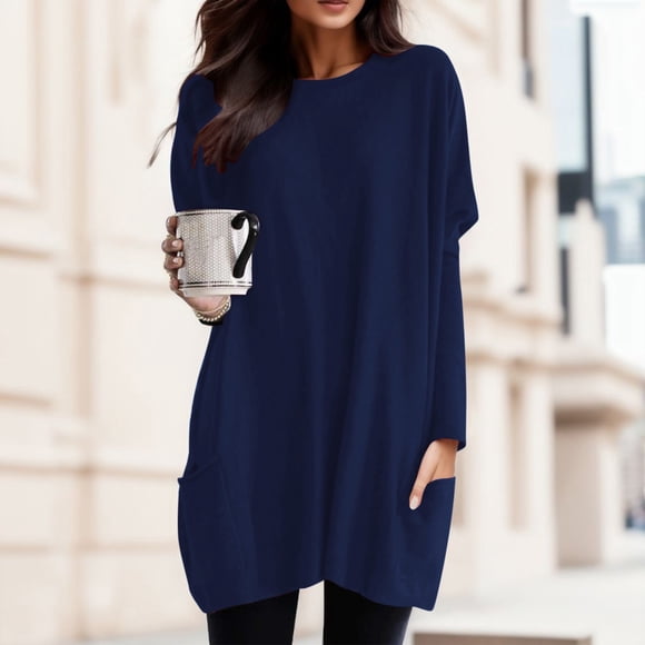 HUITKMM cotton Long Sleeve Shirt Women Women Autumn and Winter Comfortable Round Neck Long Sleeve Long T Shirt Top Pocket Puff Sleeve Print Top XL