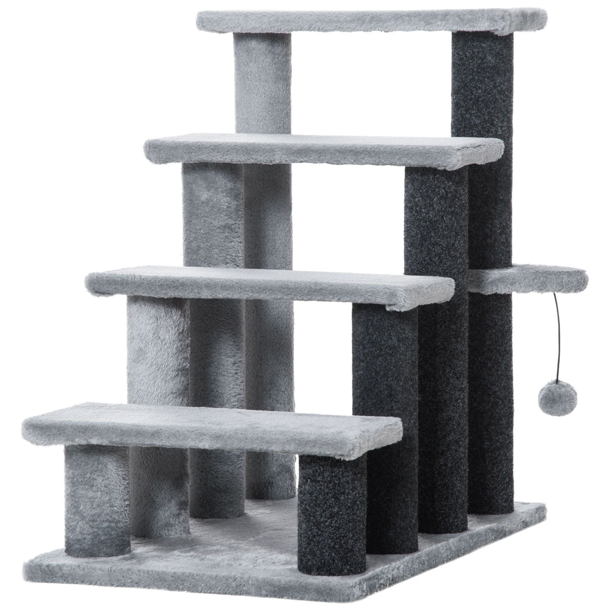 4-Step Cat Stairs for Bed and Couch, Light Grey Pet Steps with Scratching Posts and Hanging Toy Ball, Soft Flannel Indoor Cat Tree for Small Cats up to 10 lbs, 23.6" x 15.7" x 25.2"