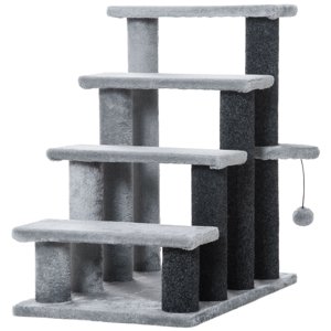 4-Step Cat Stairs for Bed and Couch, Light Grey Pet Steps with Scratching Posts and Hanging Toy Ball, Soft Flannel Indoor Cat Tree for Small Cats up to 10 lbs, 23.6" x 15.7" x 25.2"