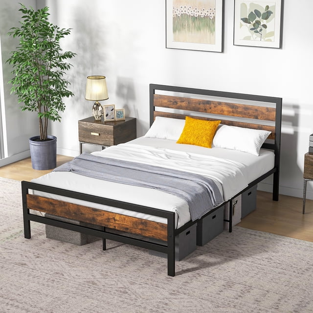 Costway Full Industrial Metal Platform Bed Frame with rustic brown wood grain headboard and footboard, paired with a sturdy matte black metal frame. Designed with a 12-inch under-bed clearance for storage, noise-free foam padding, and protective foot pads to prevent floor scratches. Ideal for modern bedrooms, this platform bed supports up to 1100 lbs and eliminates the need for a box spring. Shown with a white mattress, grey bedding, and decorative pillows in a contemporary setting.