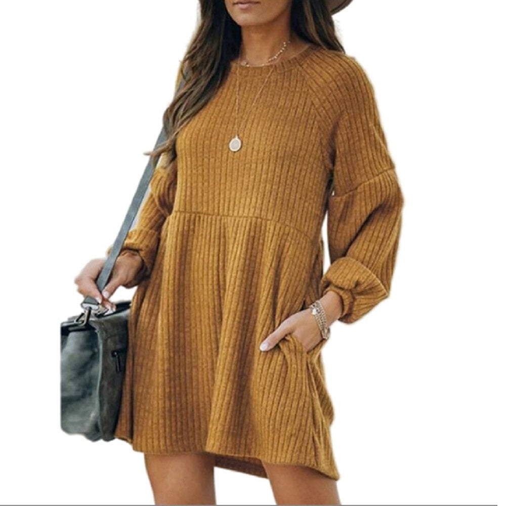 Jupe en Tricot Côtelé pour Femmes, Manches Lanterne, Col Rond, Robe Courte, Chandail-Over, Jupe Chandail avec Poches, Automne Hiver, Jupe du Bas
