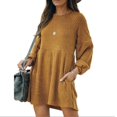 thumbnail image 1 of Jupe en Tricot Côtelé pour Femmes, Manches Lanterne, Col Rond, Robe Courte, Chandail-Over, Jupe Chandail avec Poches, Automne Hiver, Jupe du Bas, 1 of 4