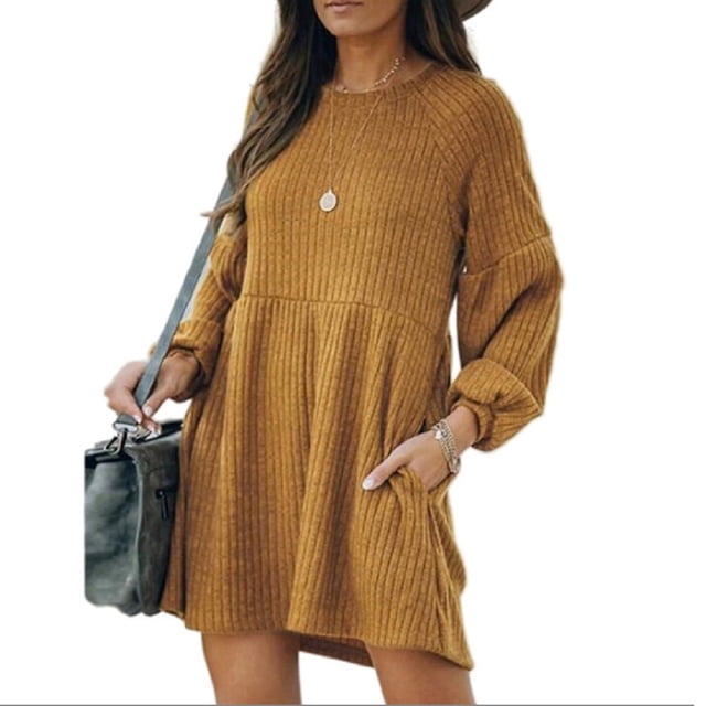 Jupe en Tricot Côtelé pour Femmes, Manches Lanterne, Col Rond, Robe Courte, Chandail-Over, Jupe avec Poches. la Robe Présente une Douce texture en Tricot Côtelé dans un Ton Brun Chaud, avec une Encolure Ras du Cou, des Manches Lanterne et une Longueur au-Dessus du Genou. Elle Comprend des Poches Latérales et une Coupe Ample et Confortable, Idéale pour un Usage Quotidien Décontracté, le Travail Ou les Sorties d'Automne.