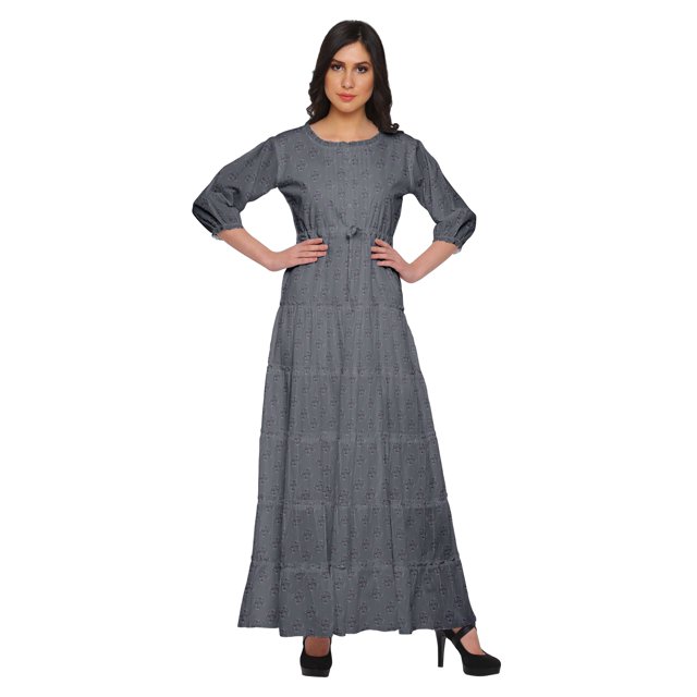 Moomaya Printed Round Neck 3/4 Sleeve Long Maxi Dress With Drawstring Waist