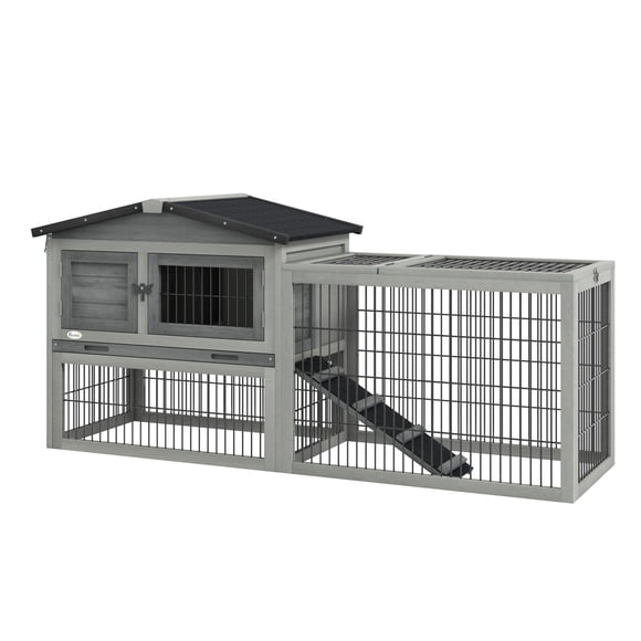 PawHut Clapier en Bois pour Lapin avec Rampe, Toit Ouvrant, Plateau Coulissant, Gris Pâle