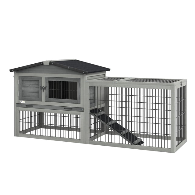 PawHut Wooden Rabbit Hutch in light grey featuring a two-floor design with a main living area, side room, and bottom run. Includes a ramp with wood strip steps, a pull-out tray for easy cleaning, and multiple entrances such as an openable roof, doors, and a window. Made of 100% solid fir wood with water-resistant painting and a UV-resistant asphalt eave, suitable for outdoor use. Dimensions: 59 inches long, 20.75 inches wide, and 26.75 inches high.