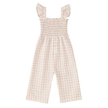 LYHaoo Combinaison Pantalon une Pièce pour Tout-Petites Filles Sans Manches à Carreaux Hauts Bas Combinaison Vêtements, Tailles 2-3 Ans (Beige)