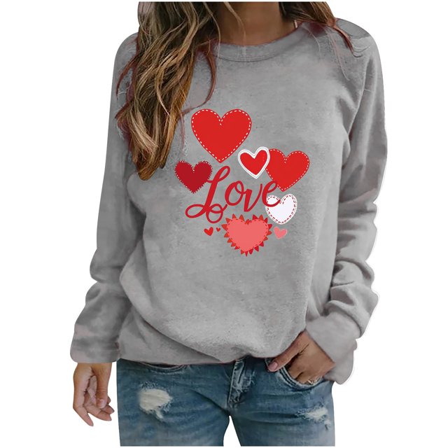 Amzcrzy Sweat-Shirt pour Femmes Col Rond Manches Longues Chemises de la Saint-Valentin Graphiques Amusants Légers Amples Chandail de Vacances