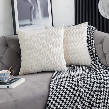 Set of 2 Decorative Throw Pillow Covers Velvet Cushion Case with Texture Luxury Style Soft Pillow Shell Farmhouse Pillowcase for Sofa Bedroom Couch, 18x18 inch - White