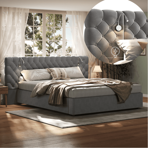 MODERNLUXE Velvet Upholstered King Size Platform Bed, Modern Luxury Bed Frame with Built-in Reading Lights & Wide Diamond Tufted Headboard for Bedroom,Grey