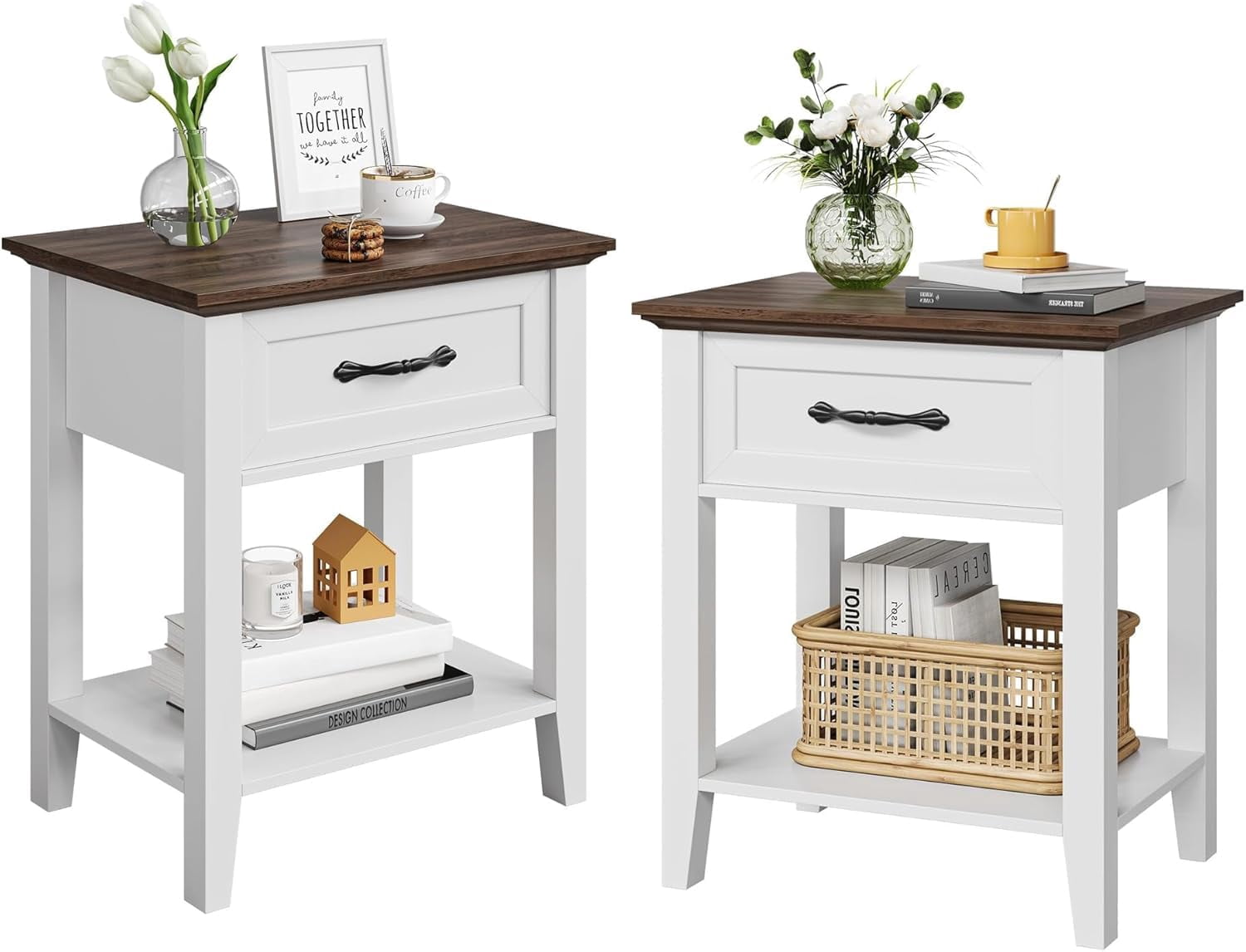 2 Pcs Side Table Living Room, Farmhouse Nightstand with Storage Drawer & Shelf, Wooden End Table Bedside Cabinet for Bedroom, Entryway