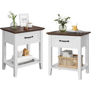 2 Pcs Side Table Living Room, Farmhouse Nightstand with Storage Drawer & Shelf, Wooden End Table Bedside Cabinet for Bedroom, Entryway