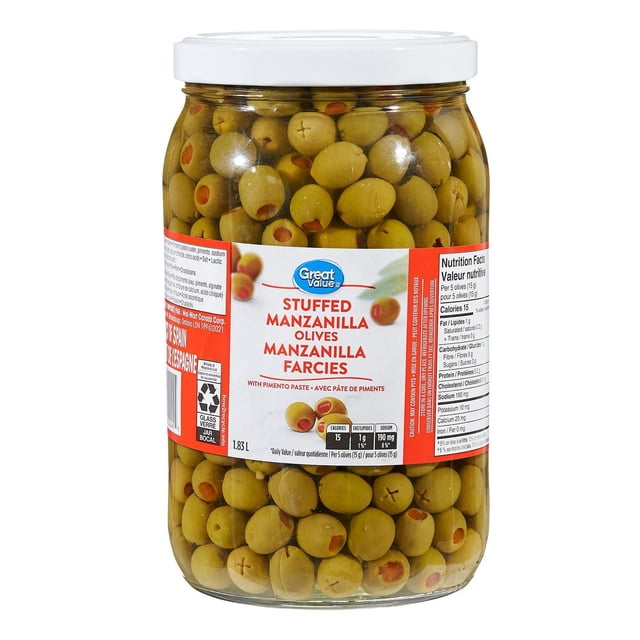 Great Value Stuffed Manzanilla Olives 1.83 L jar, front-facing view of stuffed Manzanilla olives in brine inside a jar; ready for salads, appetizers, charcuterie boards, as a garnish or a cocktail garnish and convenient for quick snacks.