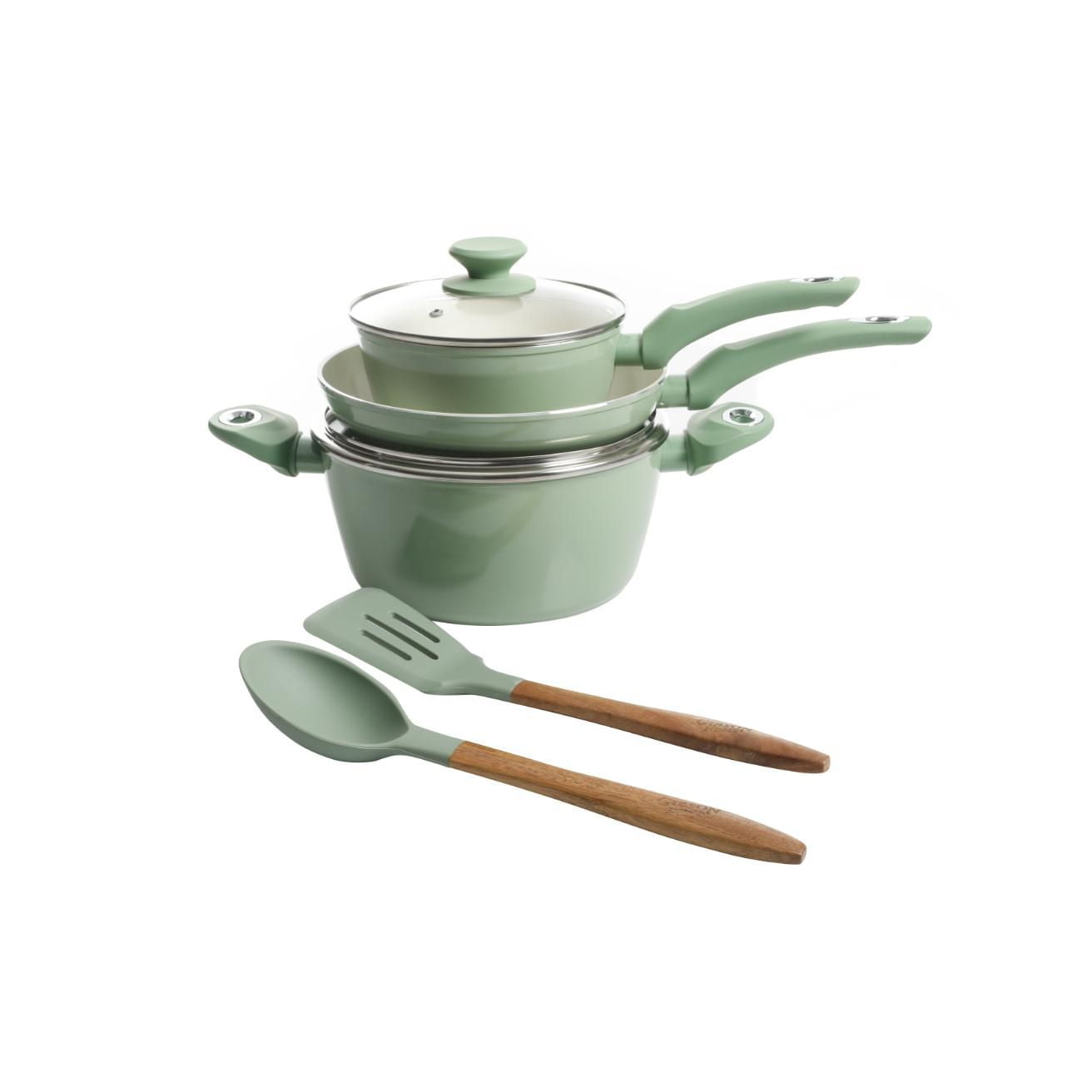 Gibson Plaza Café Batterie de cuisine 7 pièces en aluminium Menthe avec poignée en bakélite douce au toucher