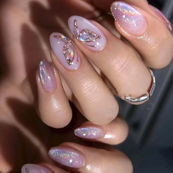 Butterfly Press on Nails Short Almond Fake Nails Purple False Nails with Designs Glitter False Nails Acrylic Glossy Full Cover Glue on Nails Cute Artificial Stick on Nails for Women Manicure 24 Pcs